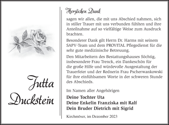 Traueranzeige von Jutta Duckstein von Märkische Oderzeitung