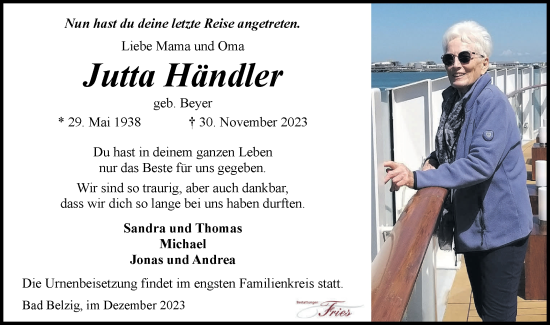 Traueranzeige von Jutta Händler von Märkische Oderzeitung