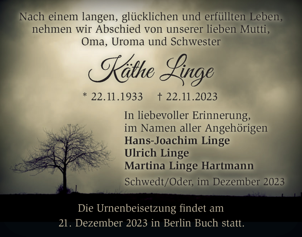  Traueranzeige für Käthe Linge vom 02.12.2023 aus Märkische Oderzeitung