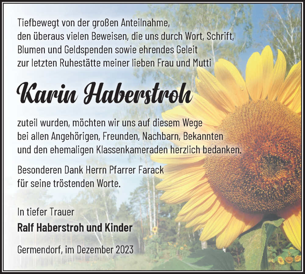 Traueranzeige für Karin Haberstroh vom 23.12.2023 aus Märkische Oderzeitung