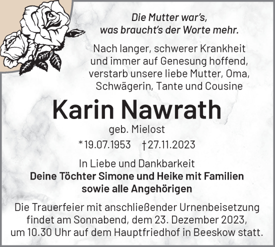 Traueranzeige von Karin Nawrath von Märkische Oderzeitung