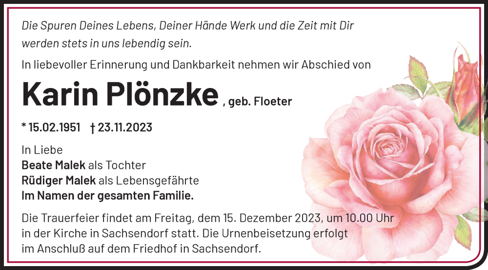  Traueranzeige für Karin Plönzke vom 02.12.2023 aus Märkische Oderzeitung