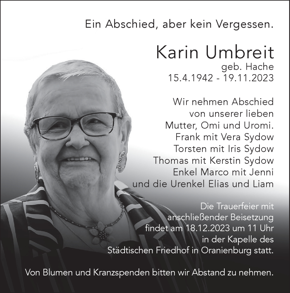  Traueranzeige für Karin Umbreit vom 02.12.2023 aus Märkische Oderzeitung