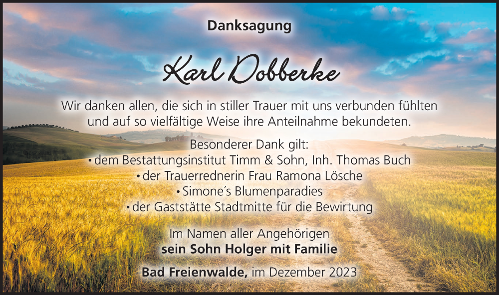  Traueranzeige für Karl Dobberke vom 16.12.2023 aus Märkische Oderzeitung