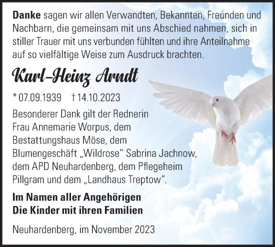 Traueranzeige von Karl-Heinz Arndt von Märkische Oderzeitung