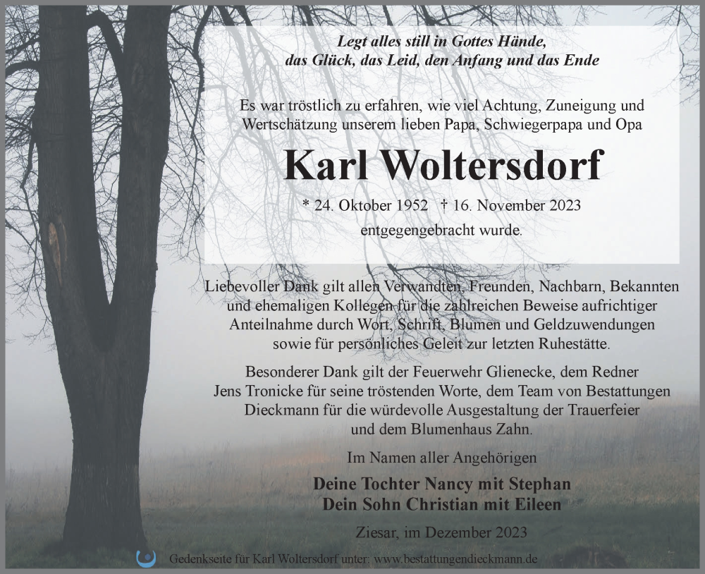  Traueranzeige für Karl Woltersdorf vom 16.12.2023 aus Märkische Oderzeitung