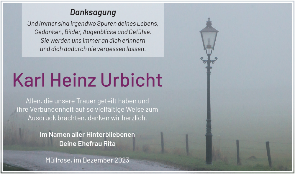  Traueranzeige für Karl Heinz Urbicht vom 23.12.2023 aus Märkische Oderzeitung