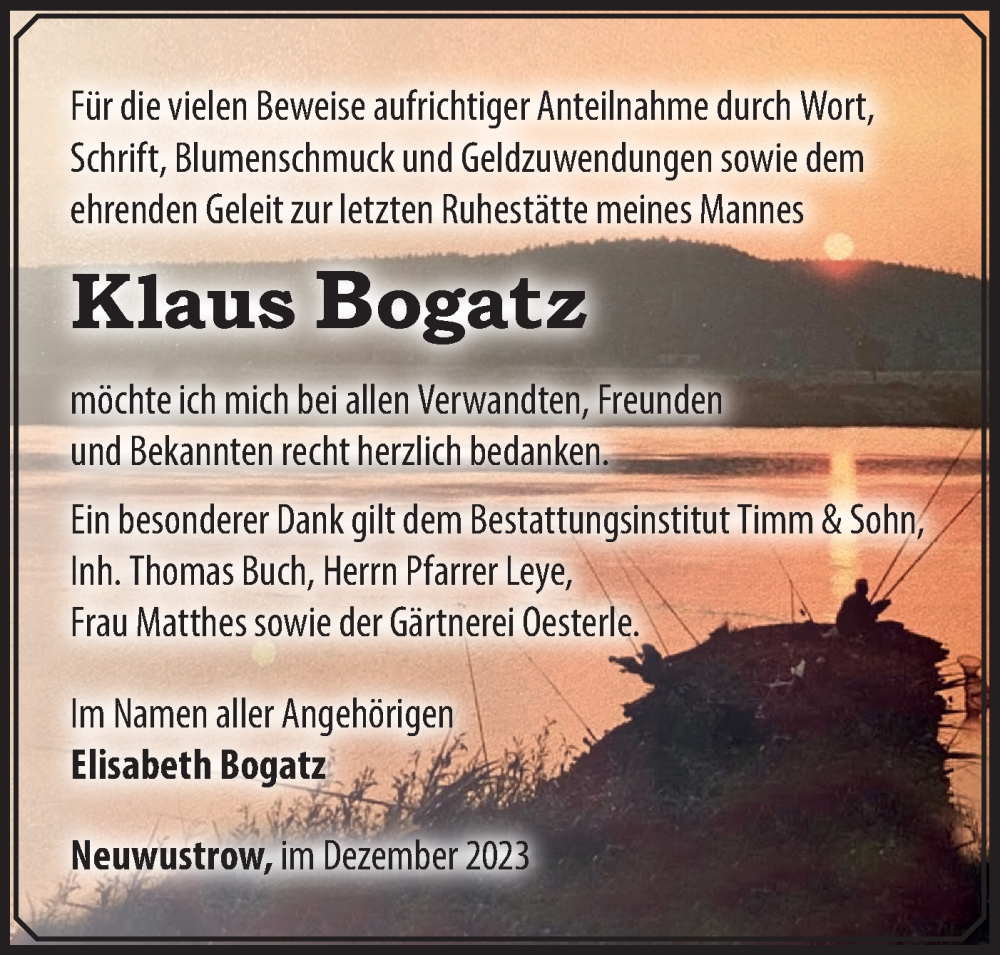  Traueranzeige für Klaus Bogatz vom 16.12.2023 aus Märkische Oderzeitung