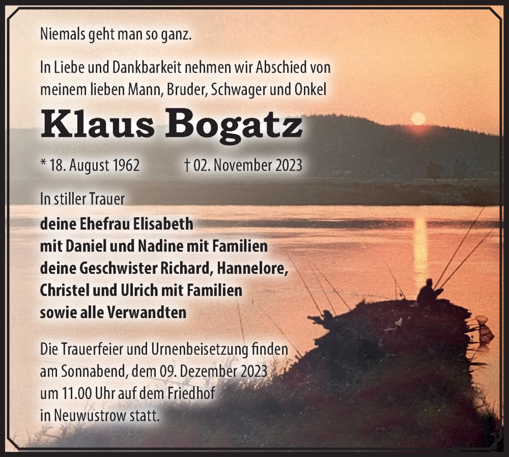  Traueranzeige für Klaus Bogatz vom 01.12.2023 aus Märkische Oderzeitung