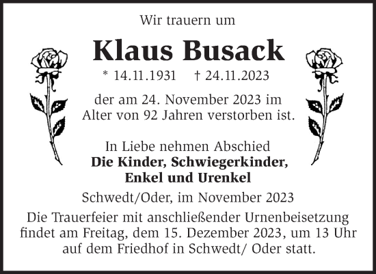 Traueranzeige von Klaus Busack von Märkische Oderzeitung