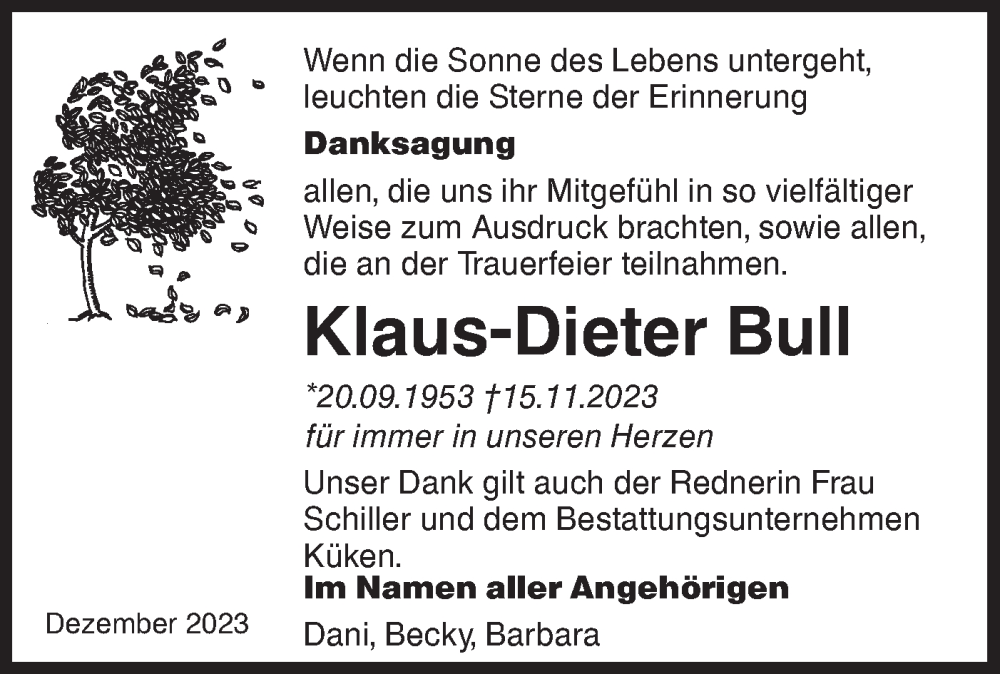  Traueranzeige für Klaus-Dieter Bull vom 23.12.2023 aus Märkische Oderzeitung