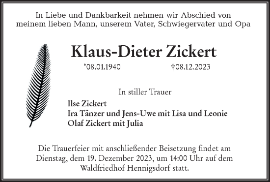 Traueranzeige von Klaus-Dieter Zickert von Märkische Oderzeitung