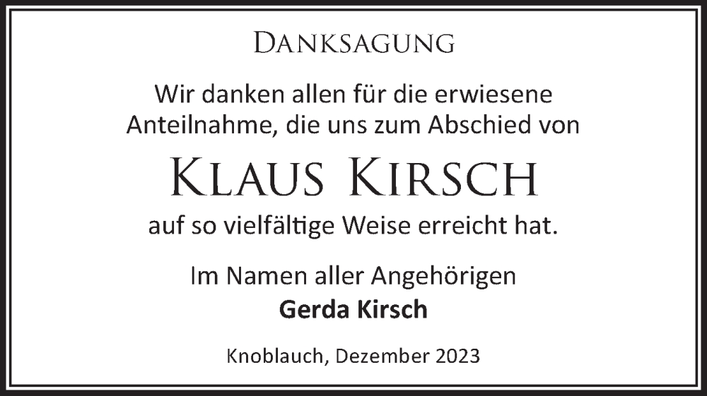  Traueranzeige für Klaus Kirsch vom 23.12.2023 aus Märkische Oderzeitung