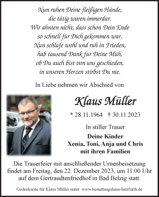 Traueranzeige von Klaus Müller von Märkische Oderzeitung