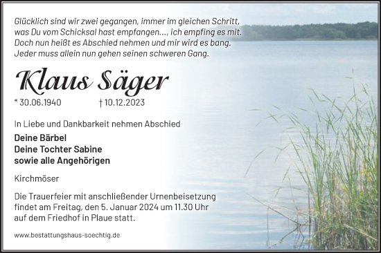 Traueranzeige von Klaus Säger von Märkische Oderzeitung