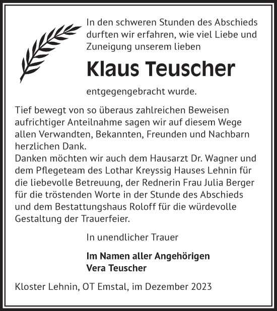 Traueranzeige von Klaus Teuscher von Märkische Oderzeitung