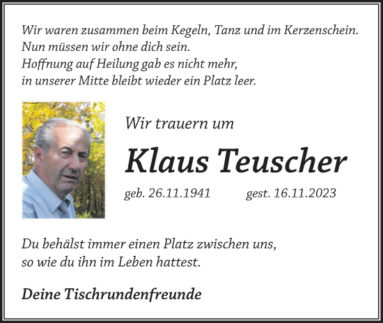 Traueranzeige von Klaus Teuscher von Märkische Oderzeitung