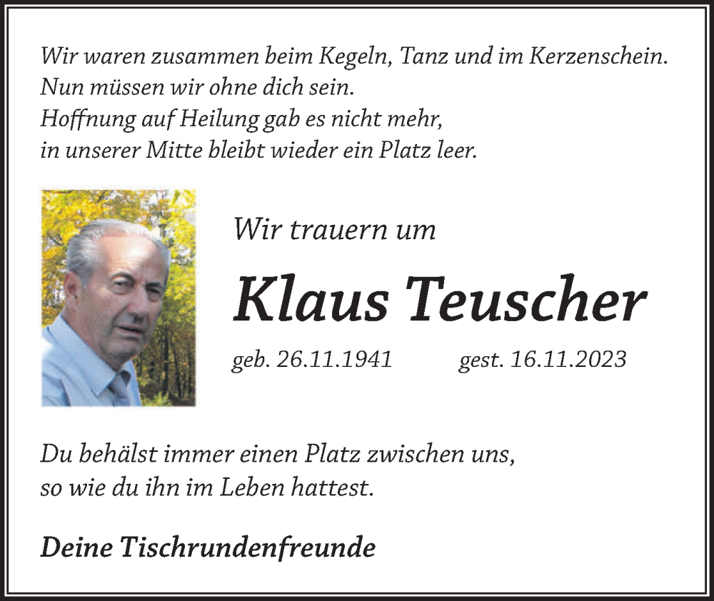  Traueranzeige für Klaus Teuscher vom 09.12.2023 aus Märkische Oderzeitung