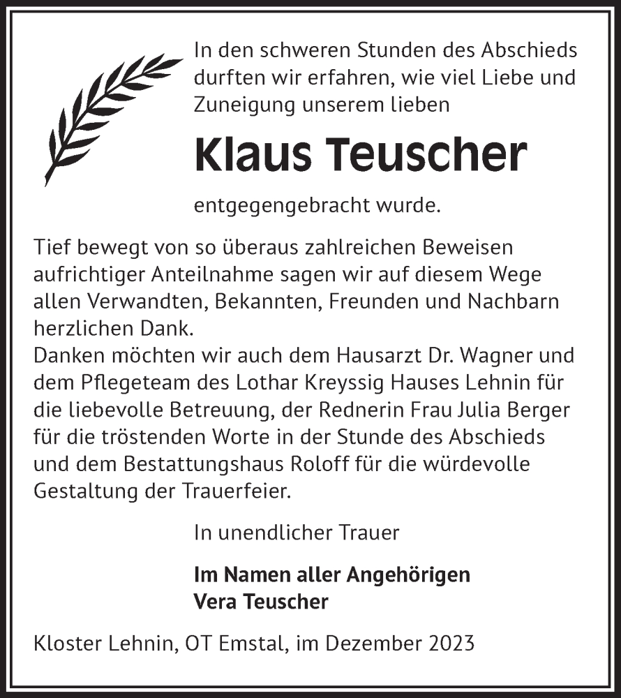  Traueranzeige für Klaus Teuscher vom 23.12.2023 aus Märkische Oderzeitung