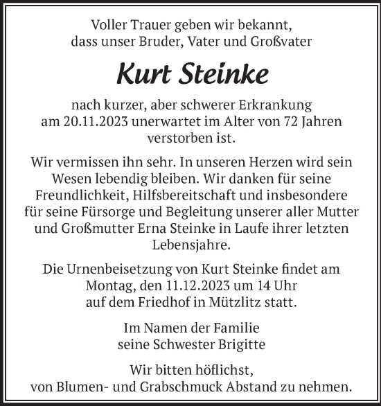 Traueranzeige von Kurt Steinke von Märkische Oderzeitung