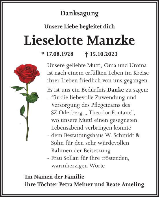 Traueranzeige von Lieselotte Manzke von Märkische Oderzeitung