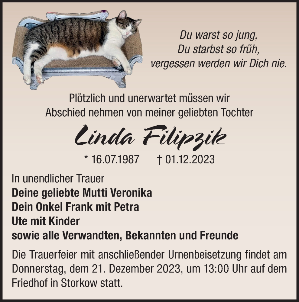  Traueranzeige für Linda Filipzik vom 09.12.2023 aus Märkische Oderzeitung