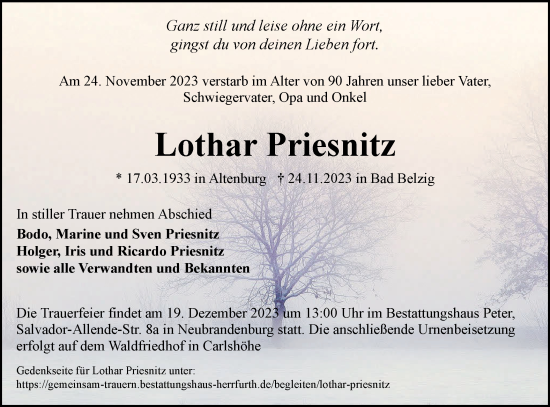 Traueranzeige von Lothar Priesnitz von Märkische Oderzeitung