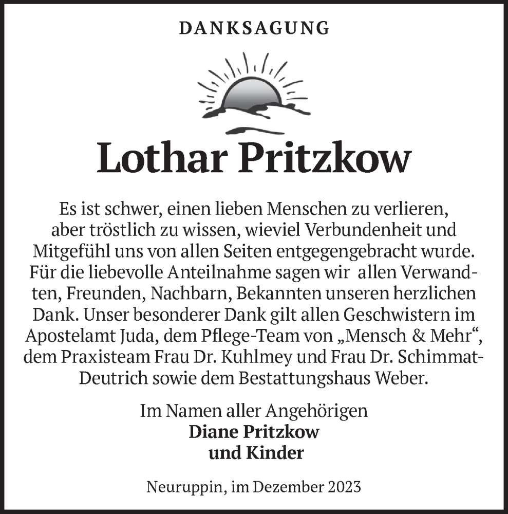  Traueranzeige für Lothar Pritzkow vom 09.12.2023 aus Märkische Oderzeitung