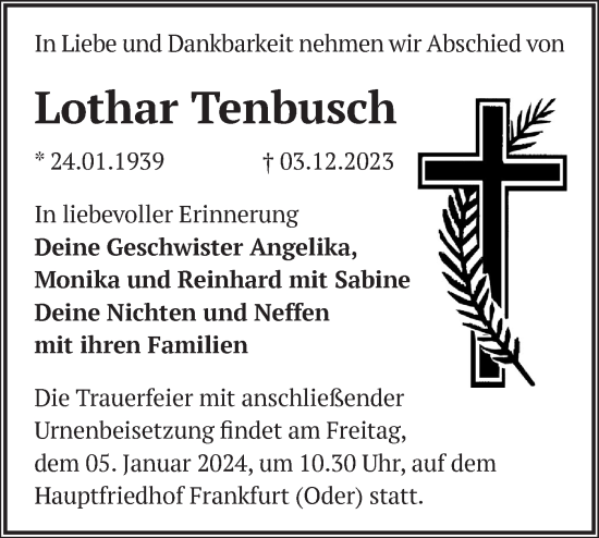 Traueranzeige von Lothar Tenbusch von Märkische Oderzeitung