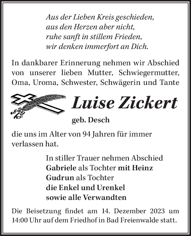  Traueranzeige für Luise Zickert vom 02.12.2023 aus Märkische Oderzeitung