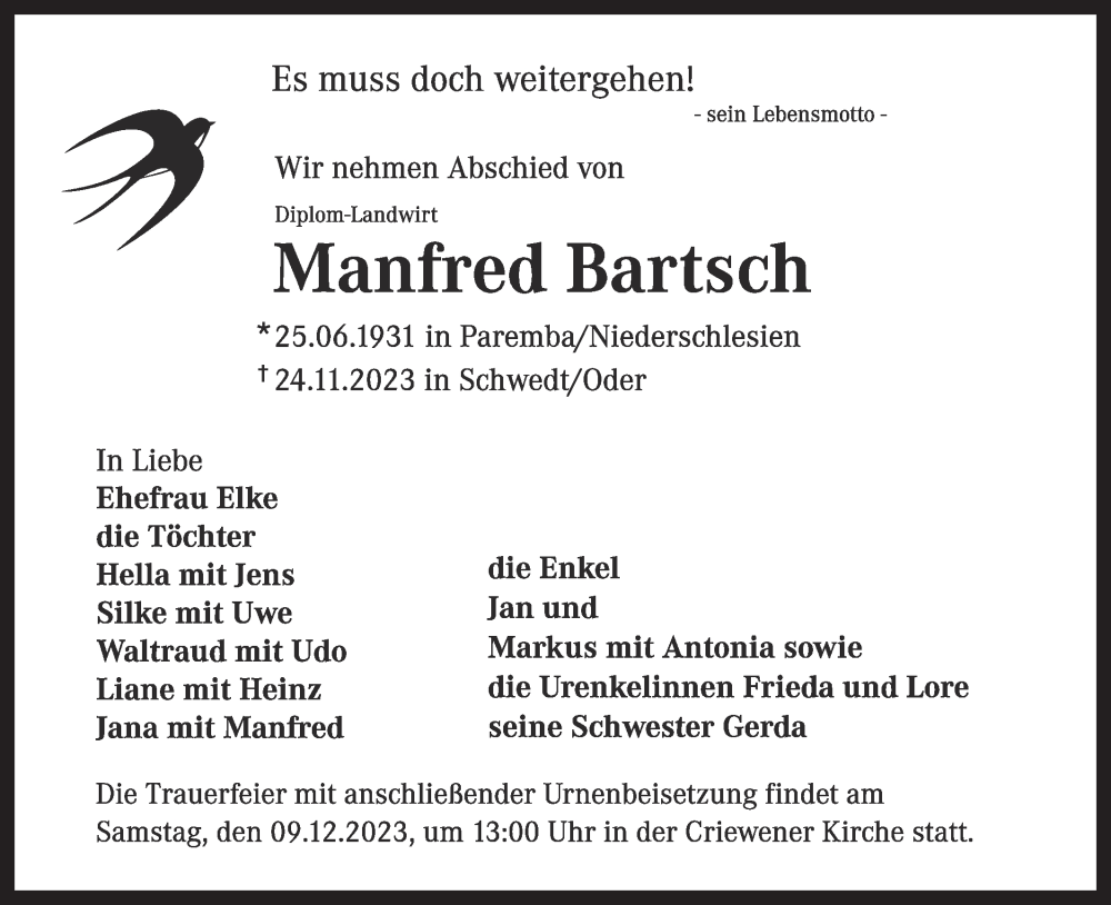  Traueranzeige für Manfred Bartsch vom 02.12.2023 aus Märkische Oderzeitung