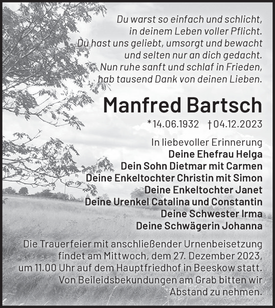 Traueranzeige von Manfred Bartsch von Märkische Oderzeitung