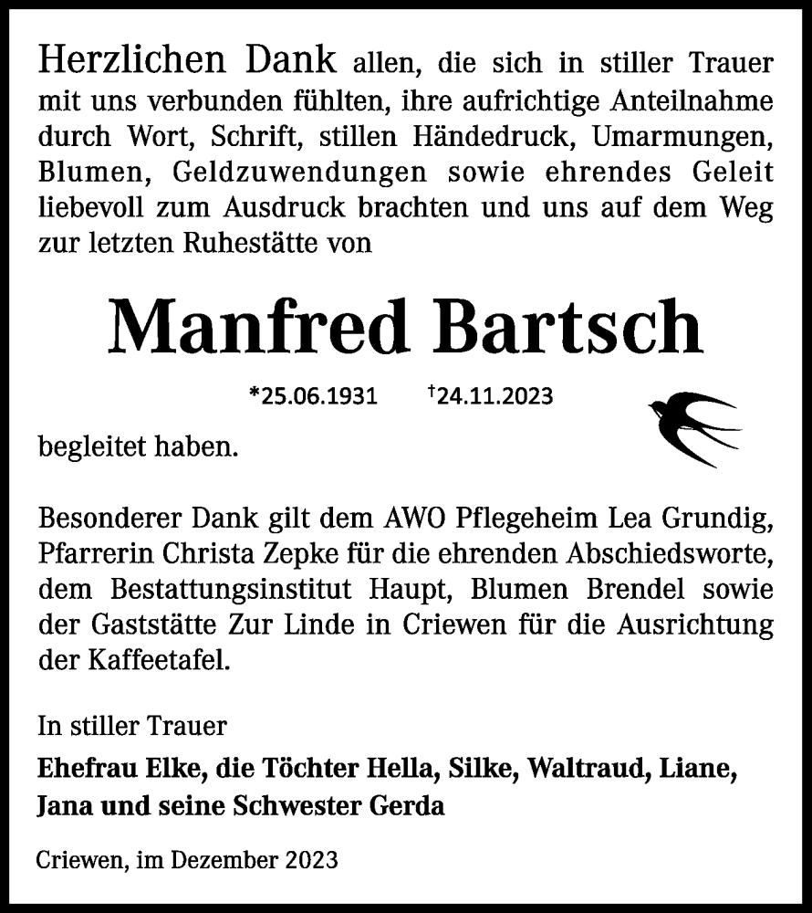  Traueranzeige für Manfred Bartsch vom 23.12.2023 aus Märkische Oderzeitung