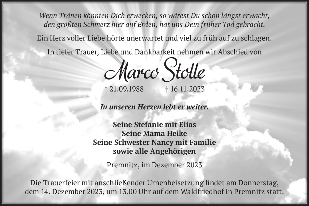  Traueranzeige für Marco Stolle vom 02.12.2023 aus Märkische Oderzeitung