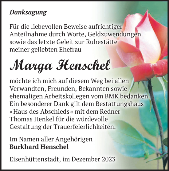 Traueranzeige von Marga Henschel von Märkische Oderzeitung