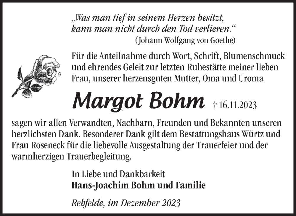  Traueranzeige für Margot Bohm vom 23.12.2023 aus Märkische Oderzeitung