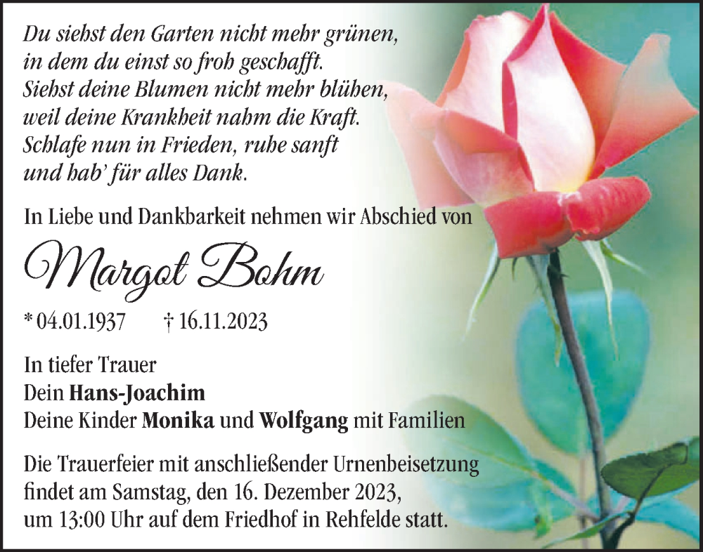  Traueranzeige für Margot Bohm vom 02.12.2023 aus Märkische Oderzeitung