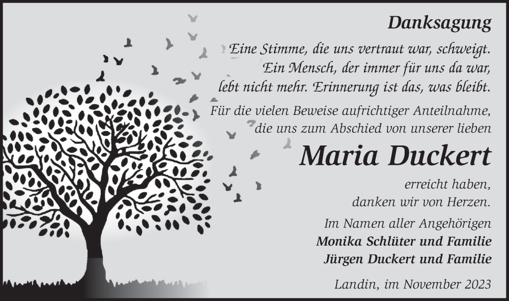  Traueranzeige für Maria Duckert vom 16.12.2023 aus Märkische Oderzeitung