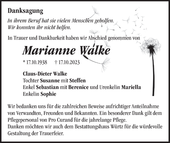 Traueranzeige von Marianne Walke von Märkische Oderzeitung