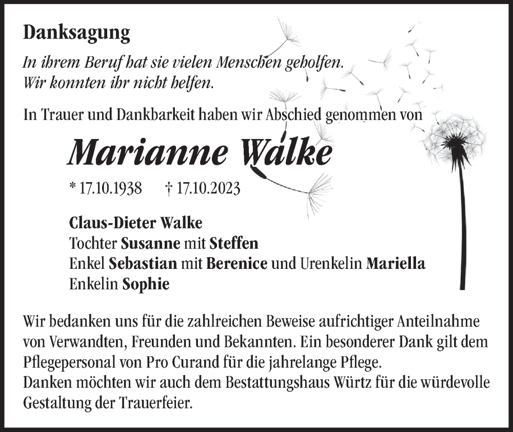  Traueranzeige für Marianne Walke vom 02.12.2023 aus Märkische Oderzeitung