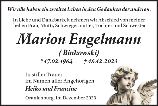 Traueranzeige von Marion Engelmann von Märkische Oderzeitung