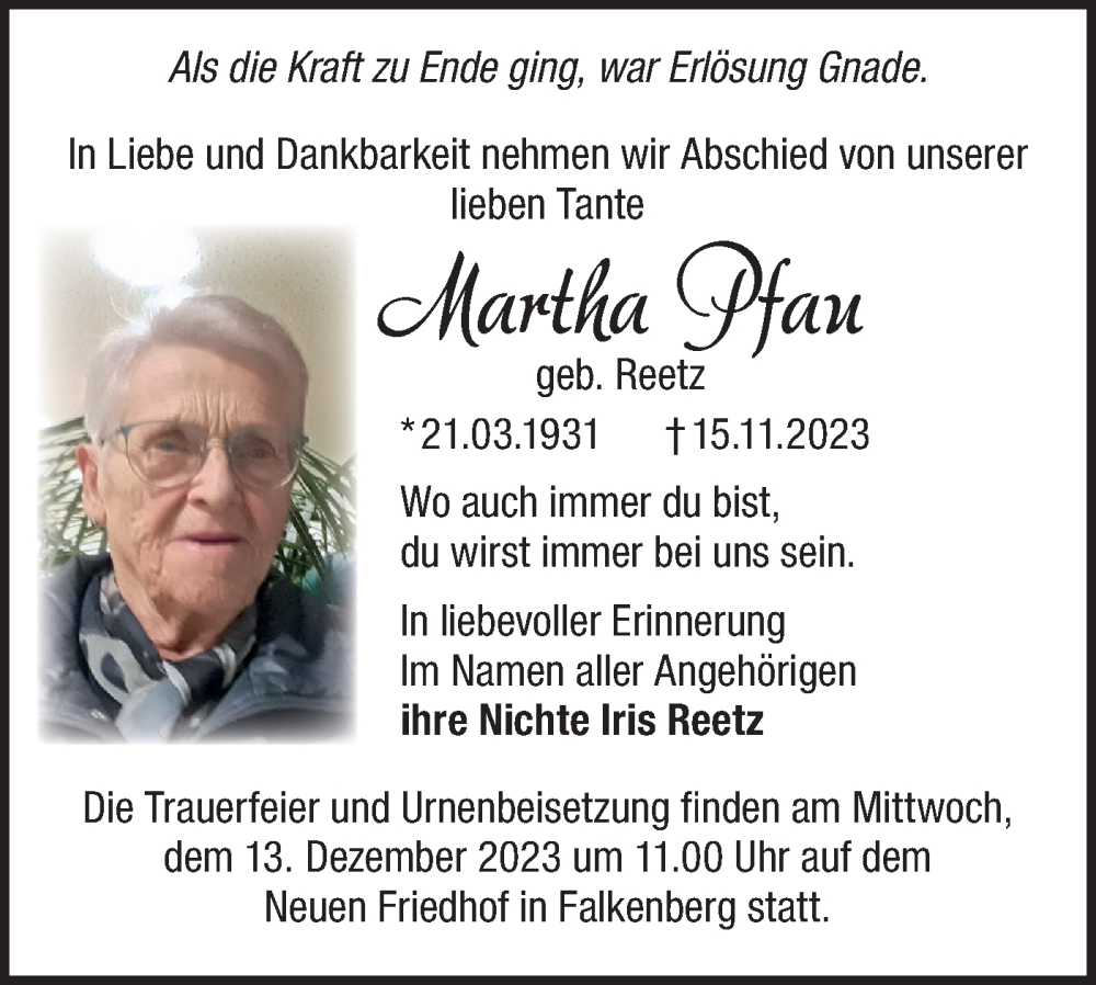  Traueranzeige für Martha Pfau vom 02.12.2023 aus Märkische Oderzeitung