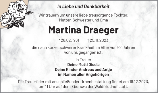 Traueranzeige von Martina Draeger von Märkische Oderzeitung