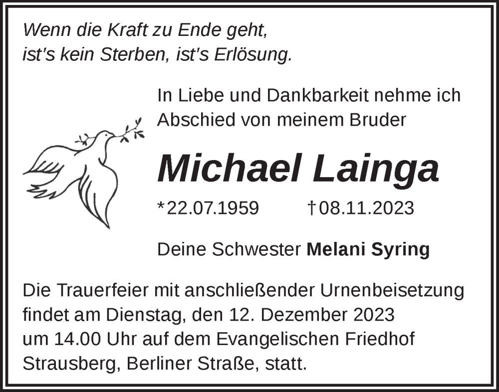  Traueranzeige für Michael Lainga vom 02.12.2023 aus Märkische Oderzeitung