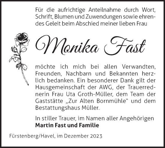 Traueranzeige von Monika Fast von Märkische Oderzeitung