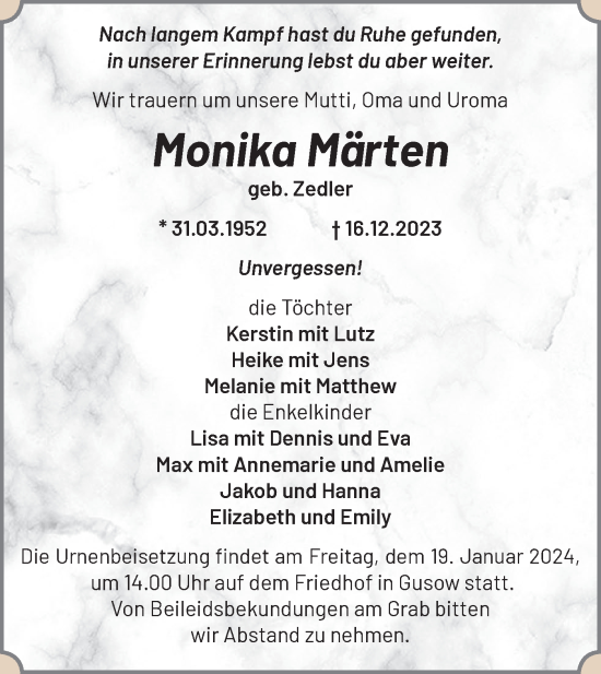 Traueranzeige von Monika Märten von Märkische Oderzeitung