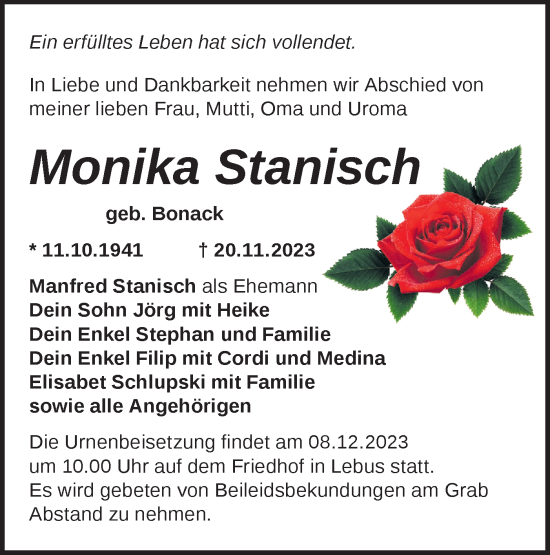 Traueranzeige von Monika Stanisch von Märkische Oderzeitung