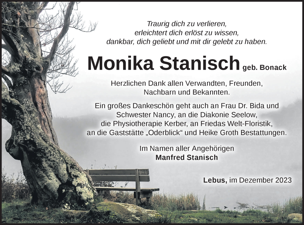  Traueranzeige für Monika Stanisch vom 16.12.2023 aus Märkische Oderzeitung