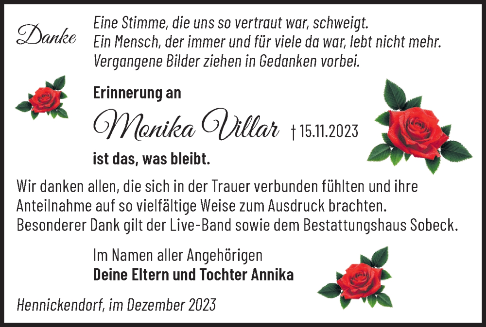  Traueranzeige für Monika Villar vom 16.12.2023 aus Märkische Oderzeitung