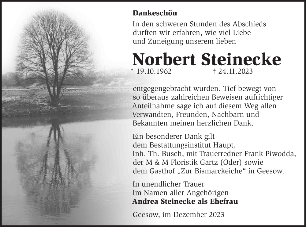  Traueranzeige für Norbert Steinecke vom 23.12.2023 aus Märkische Oderzeitung